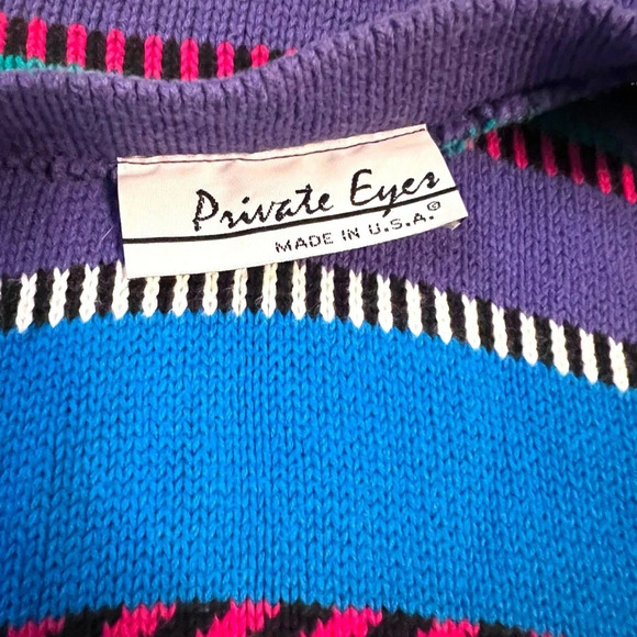 Vintage 80s Private Eyes Cotton Sweater | Bold Stripes V-Neck | Size L - Picture 4 of 6